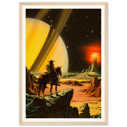 Framed artwork of a cowboy on horseback in a futuristic desert landscape with a planet and space station in the background.