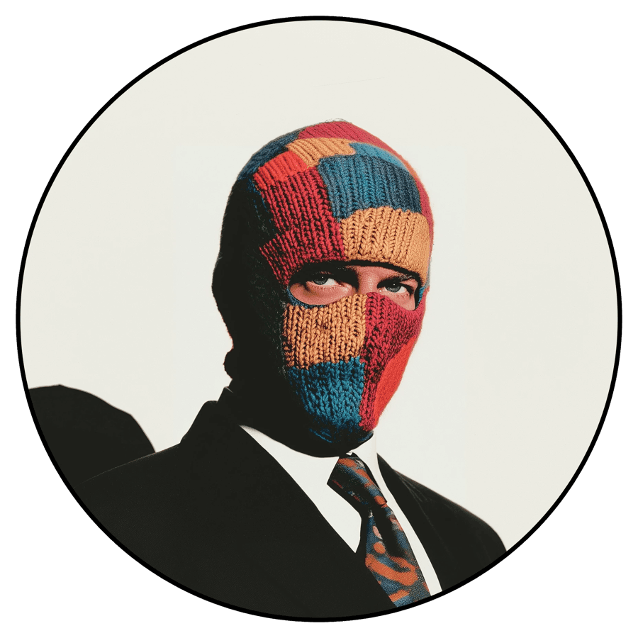 Taudalpoi in a colourful knitted balaclava and a suit