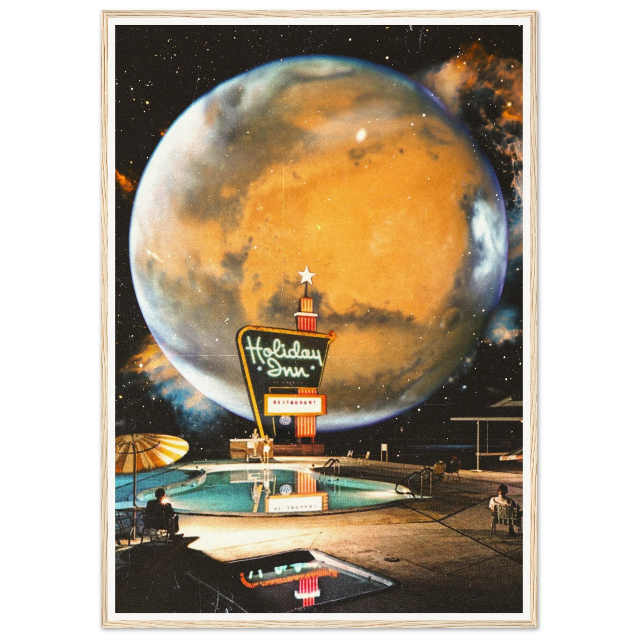 A poster featuring a large, imaginative space station with a 'Holiday Inn' sign, set against a cosmic background with a full moon and stars.
