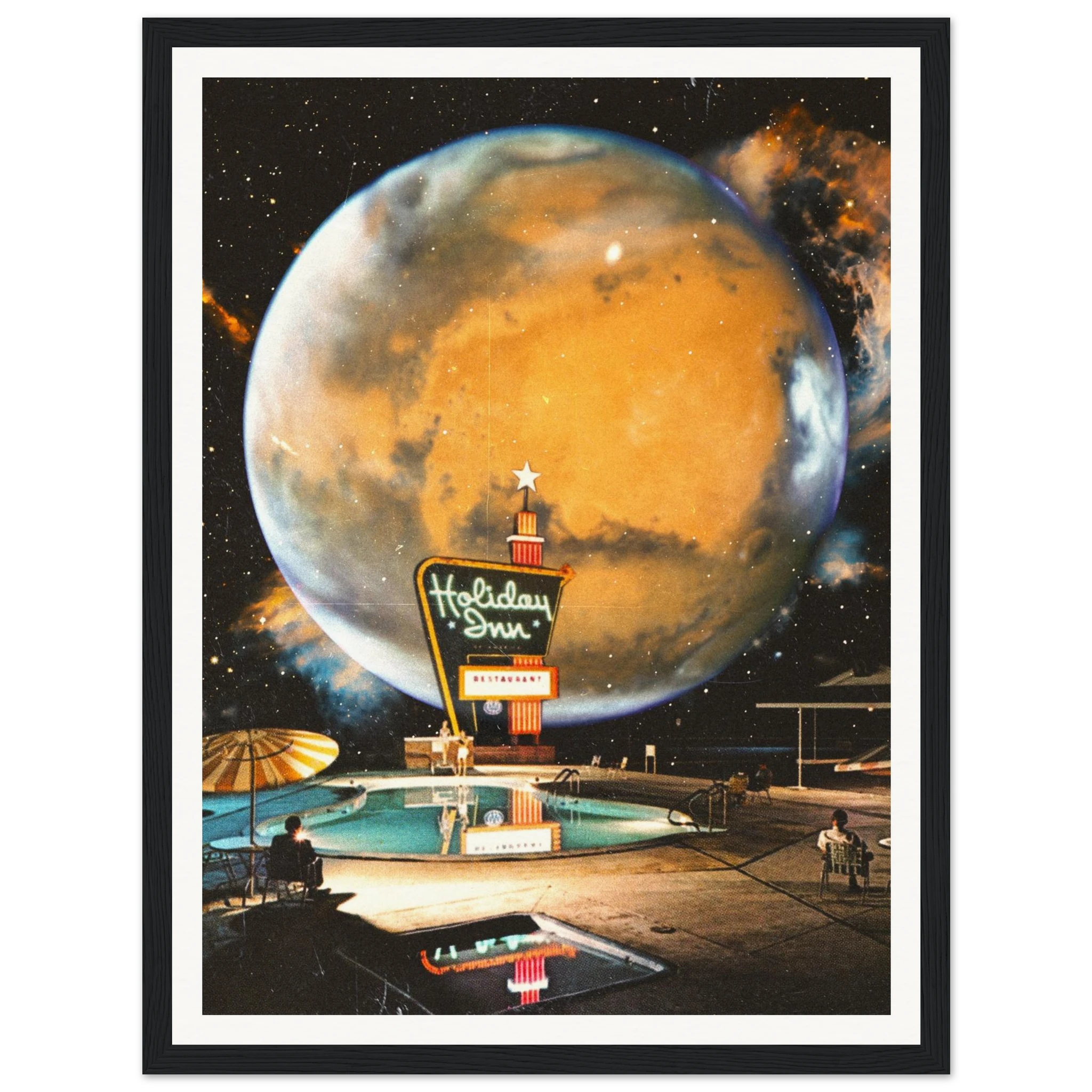 Futuristic hotel sign with planet in the background