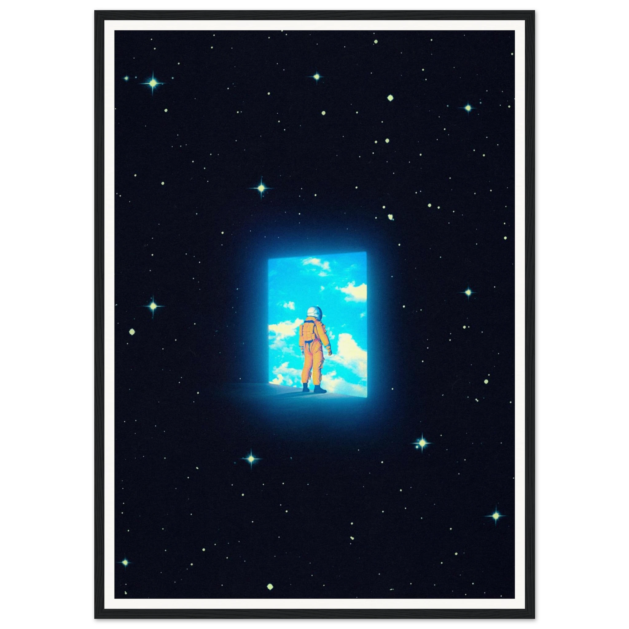 Framed artwork of an astronaut in space with a blue light, against a starry black background.