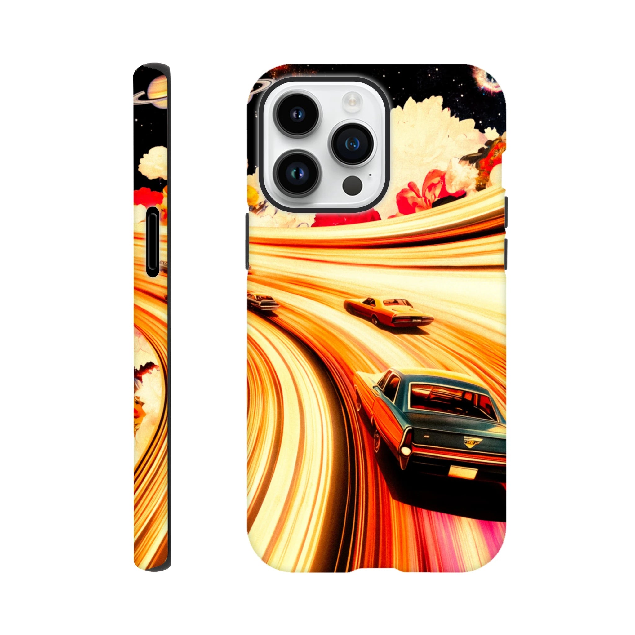 A phone case with a graphic design featuring stylized cars and abstract elements, predominantly in orange and yellow tones.