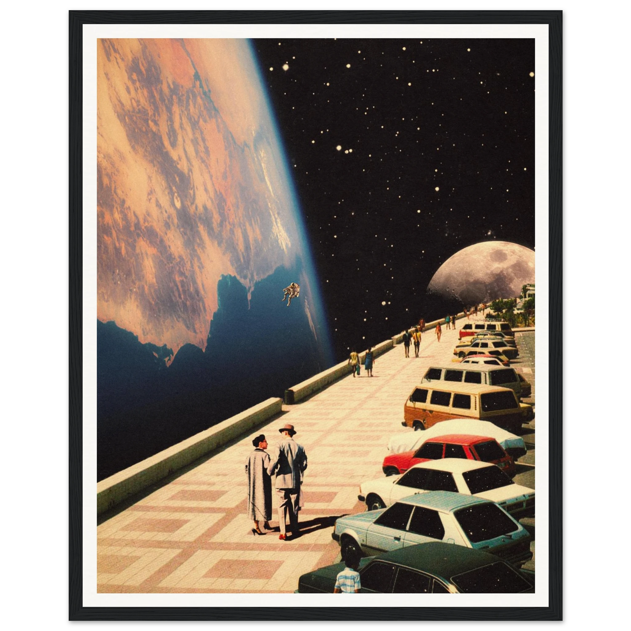 A framed poster depicting a futuristic cityscape with people, cars, and a large planet in the background, titled 'Space Promenade'.