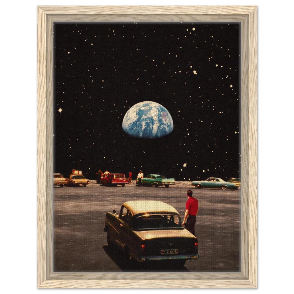 A canvas print featuring a vintage car in a parking lot with the Earth visible in the sky above, framed in a black frame.
