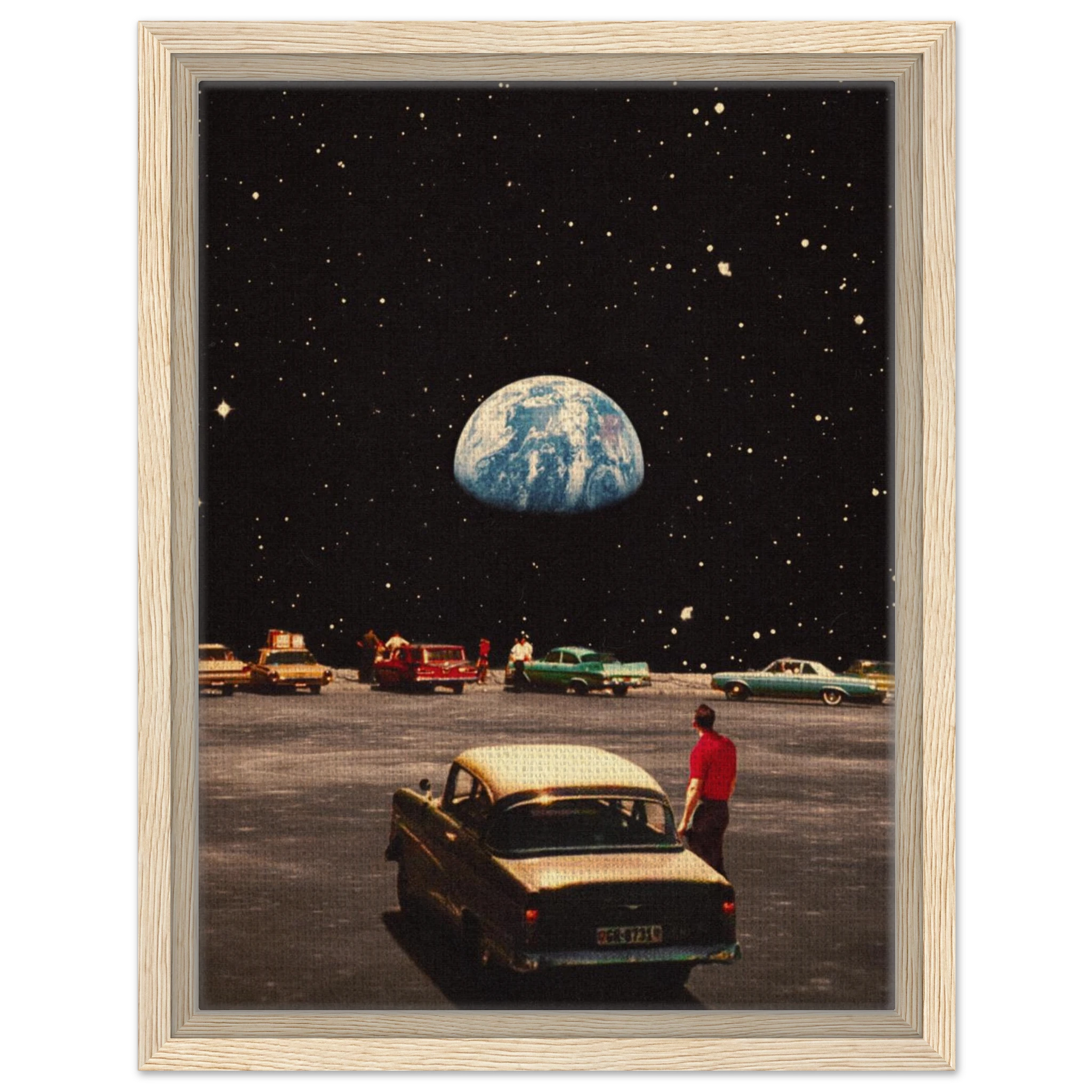 A canvas print featuring a vintage car in a parking lot with the Earth visible in the sky above, framed in a black frame.