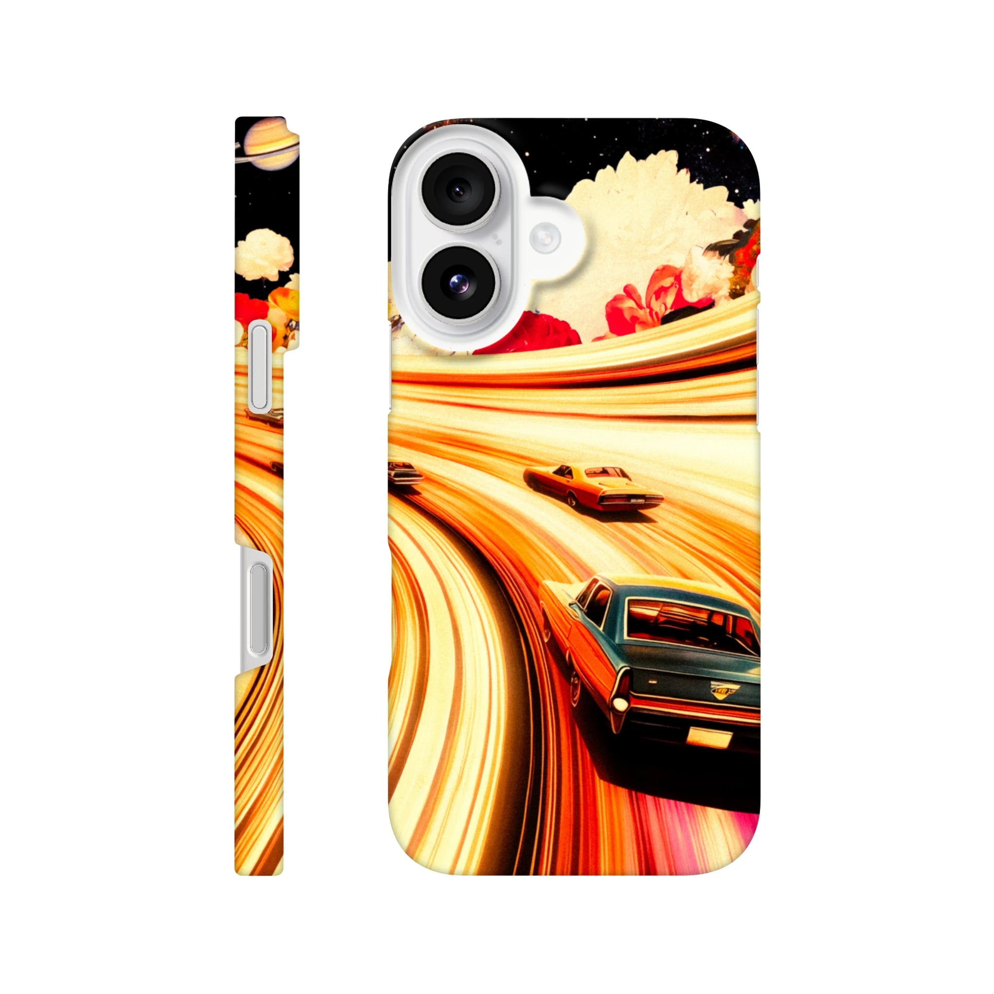 A phone case with a graphic design featuring stylized cars and abstract elements, predominantly in orange and yellow tones.