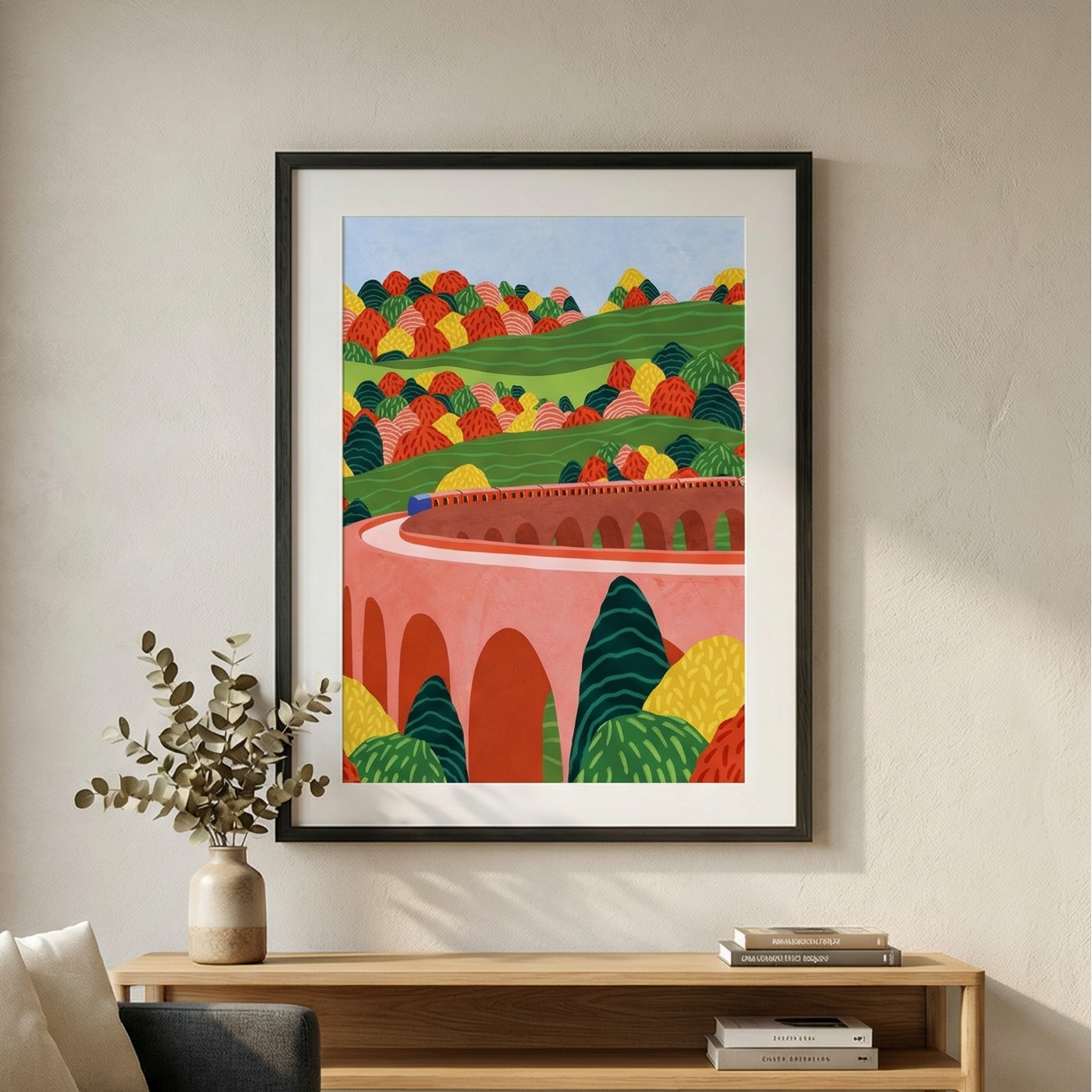 Living room with a colorful abstract painting on the wall, gray sofa, and wooden coffee table.