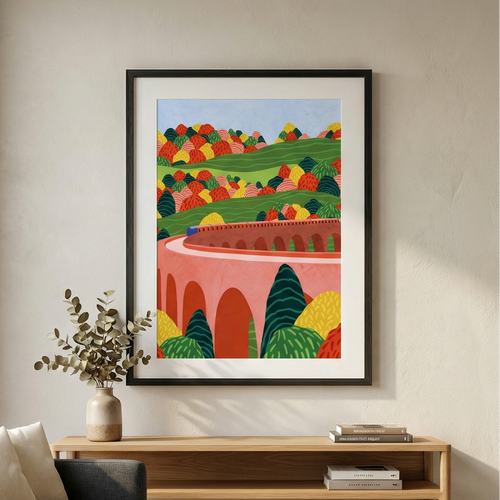 Living room with a colorful abstract painting on the wall, gray sofa, and wooden coffee table.