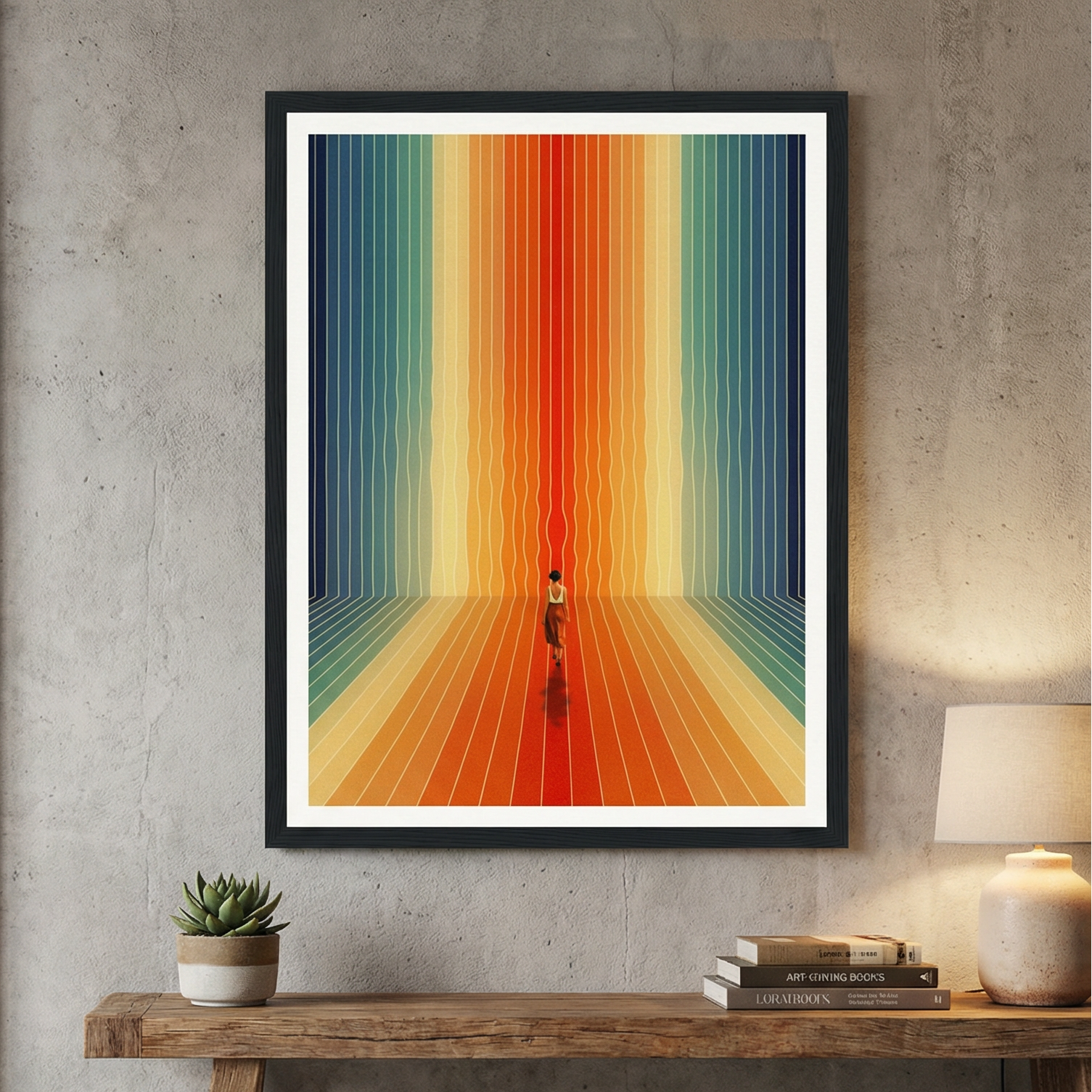 Colorful abstract artwork on a wall in a modern interior setting with a wooden bench and decor items.