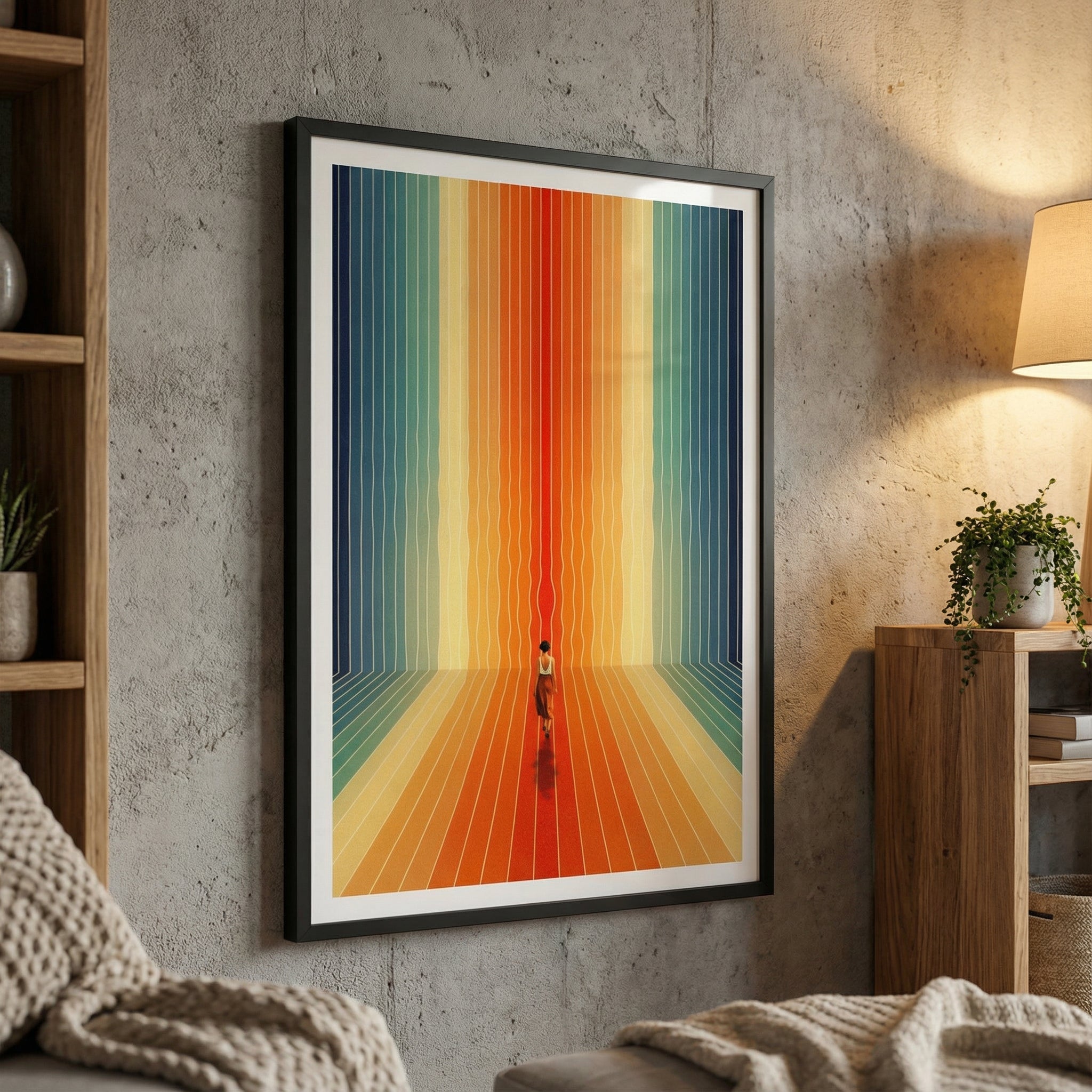 Framed abstract artwork with vibrant colors on a wall in a cozy living room.
