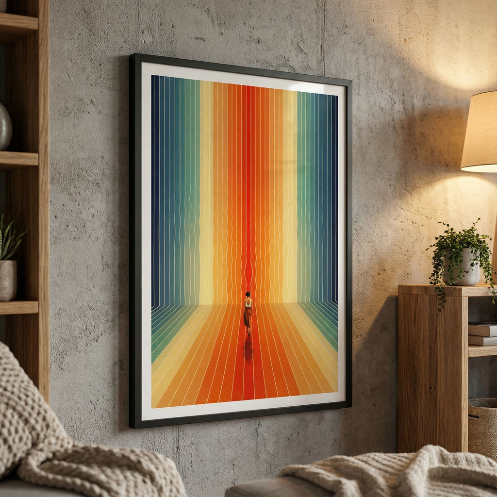 Framed abstract artwork with vibrant colors on a wall in a cozy living room.
