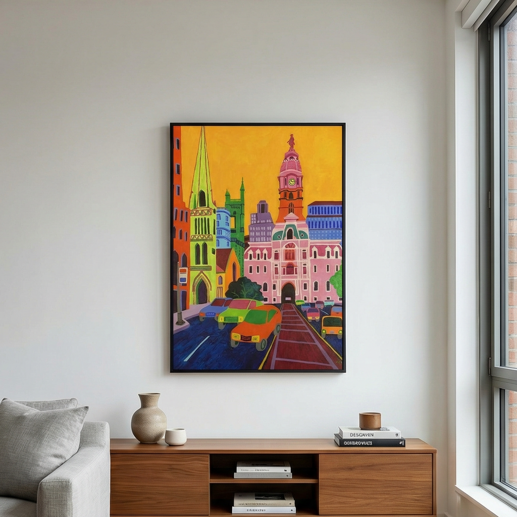 Living room with a gray sofa, wooden coffee table, and colorful cityscape painting on the wall.
