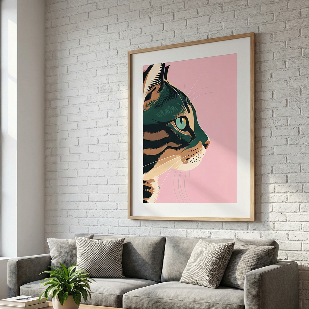 Living room with a gray sofa, wooden coffee table, and a framed tiger art print on the wall.