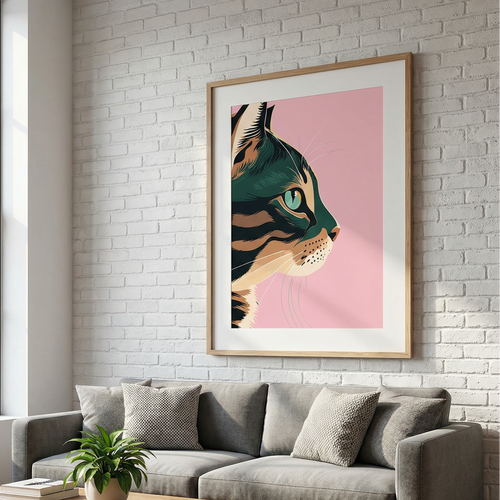 Living room with a gray sofa, wooden coffee table, and a framed tiger art print on the wall.