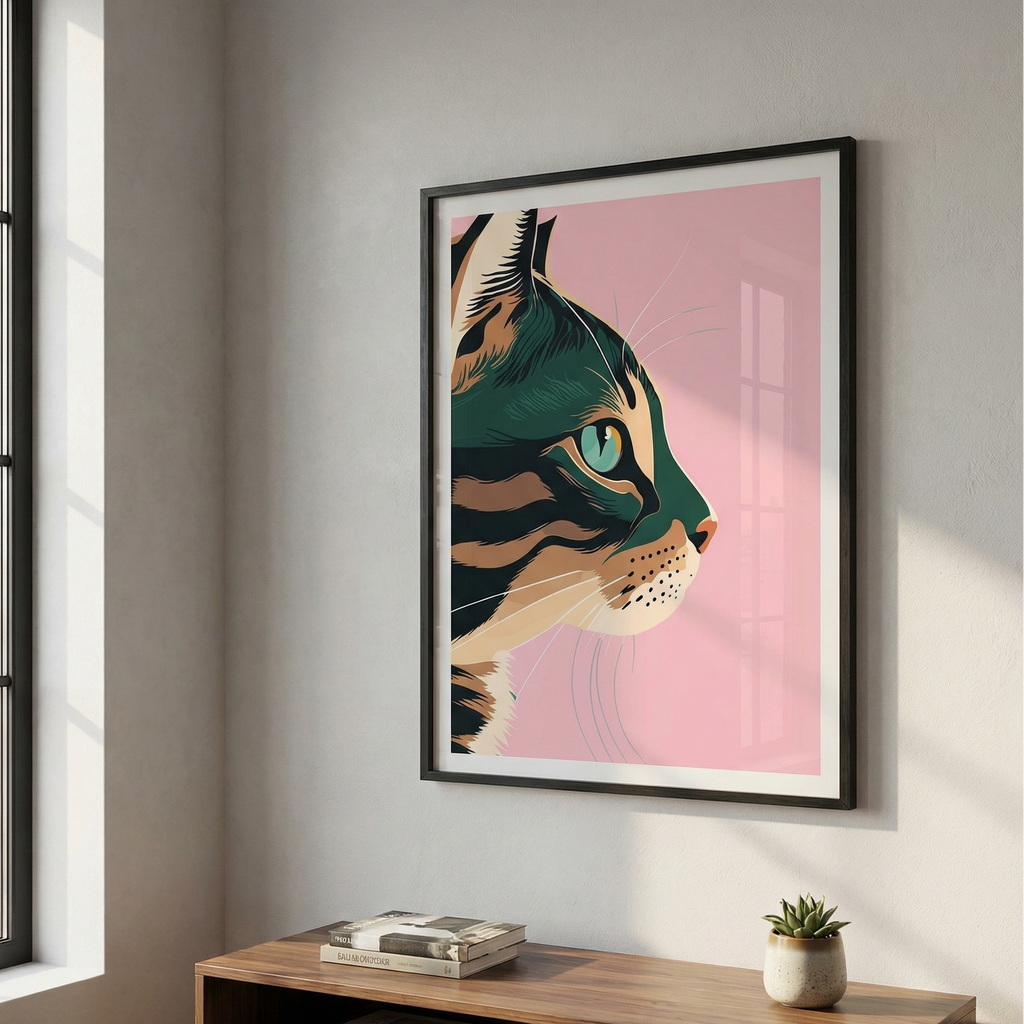 Framed artwork of a cat's face on a wall next to a window with a wooden shelf below.