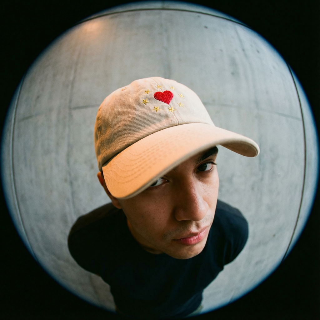 Close-up of Taudalpoi Heart Stars embroidered cap showing detailed star and heart embroidery on navy fabric.