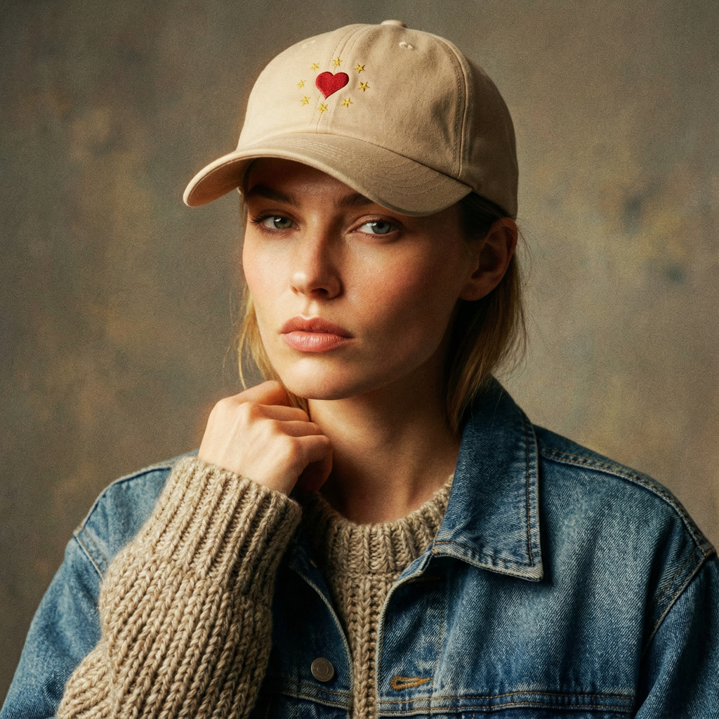 Heart stars embroidered cap by Taudalpoi, stylish apparel accessory with colorful embroidered heart and star design on the front.