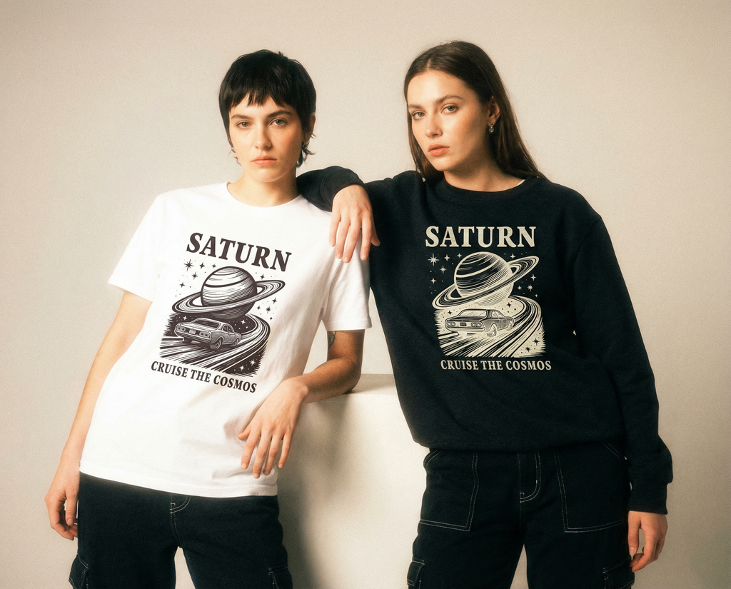 Two people wearing "Cruise the Cosmos" apparel by Taudalpoi, showcasing stylish cosmic-themed clothing in a product shot.