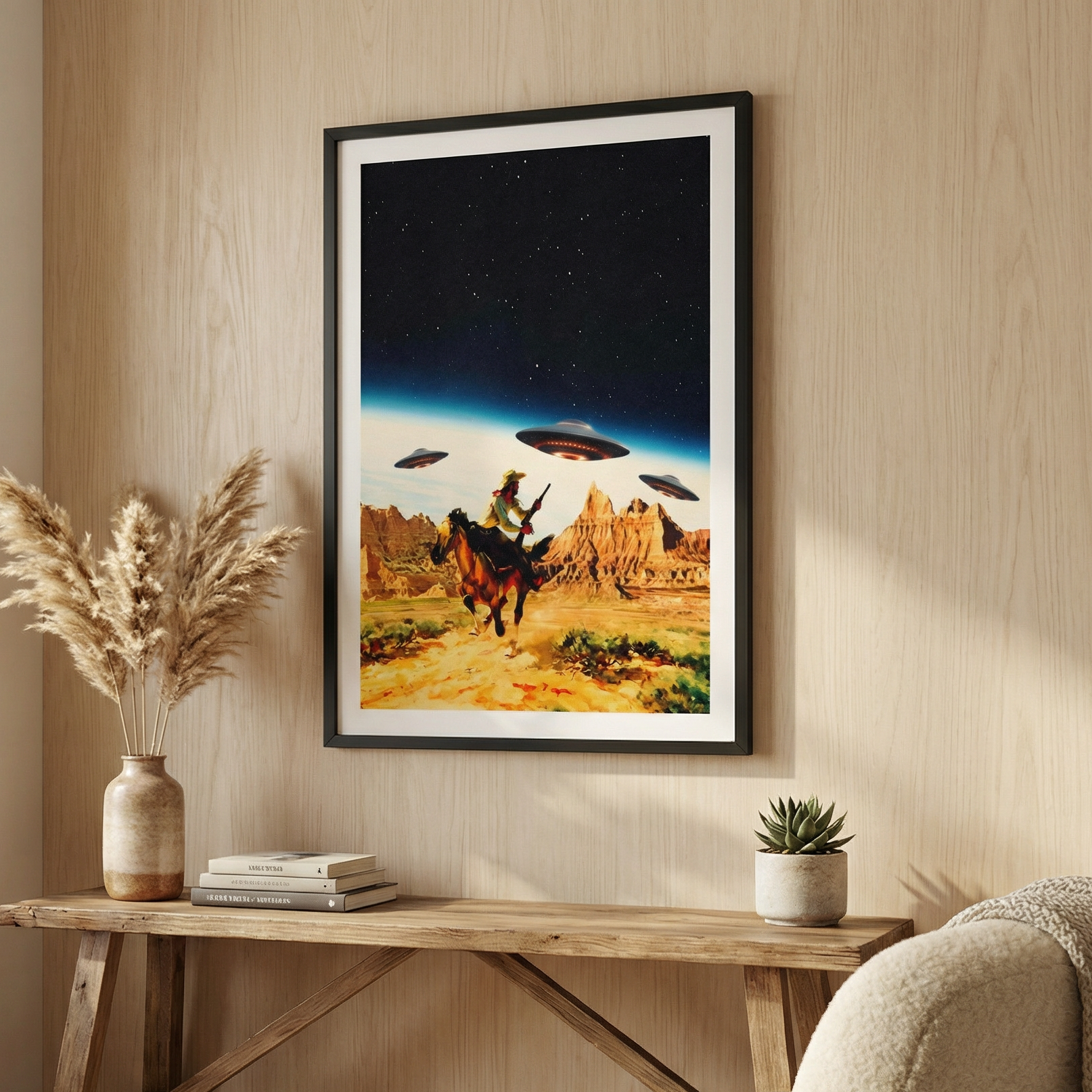 Framed artwork of a desert scene with a horse and UFO on a wooden side table in a room with a window and chair.