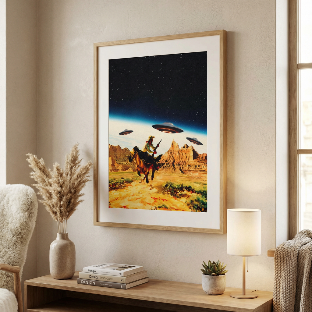 Framed artwork of a cowboy on horseback with UFOs over a desert landscape, displayed in a living room.