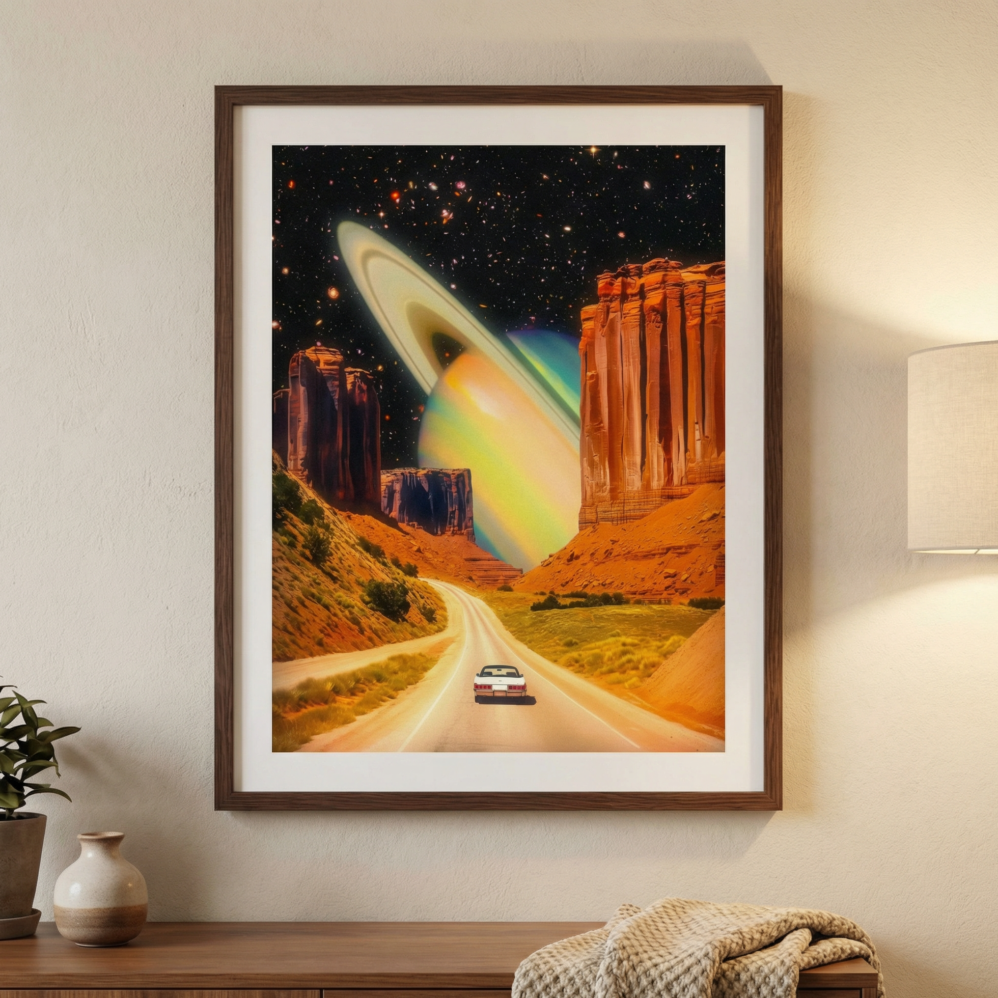 Framed artwork of a desert landscape with a car and a planet, hanging on a wall.