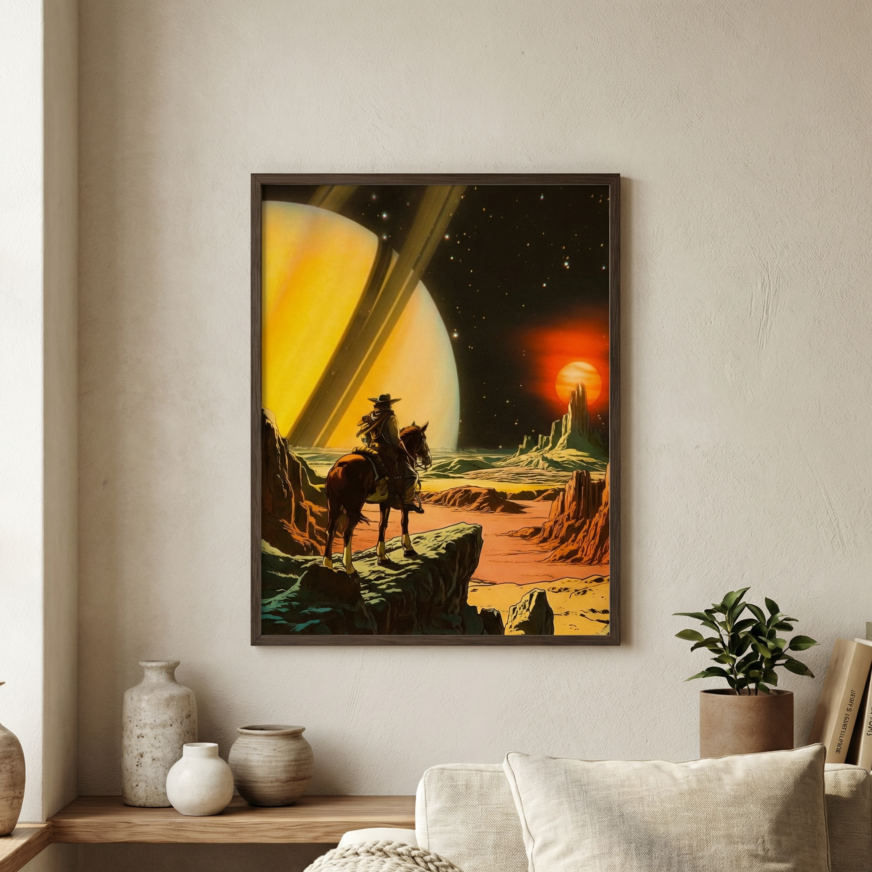 Framed artwork of a cowboy on horseback in a desert landscape with a large planet, placed above a sofa in a living room.