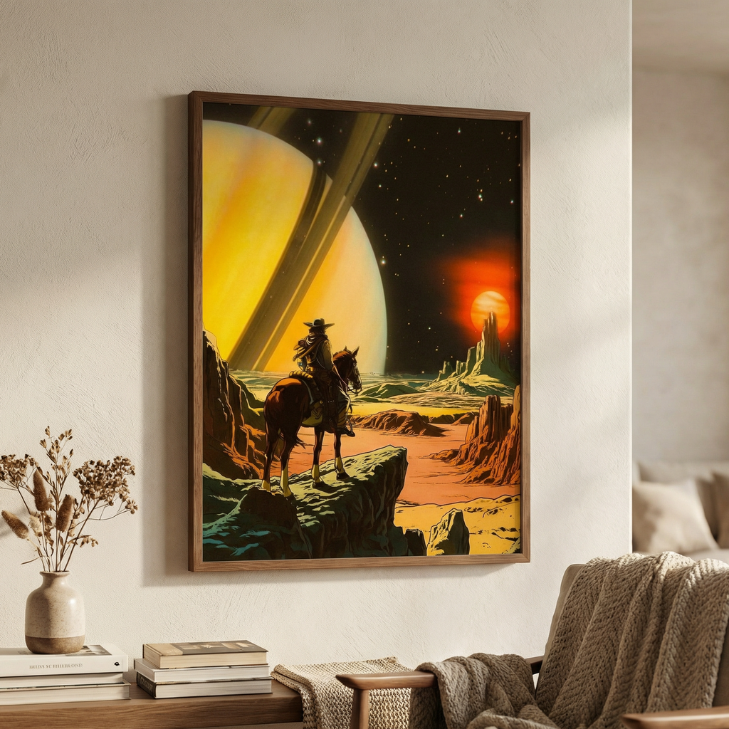 Framed artwork of a desert scene with a horse and cowboy on a wall in a living room.