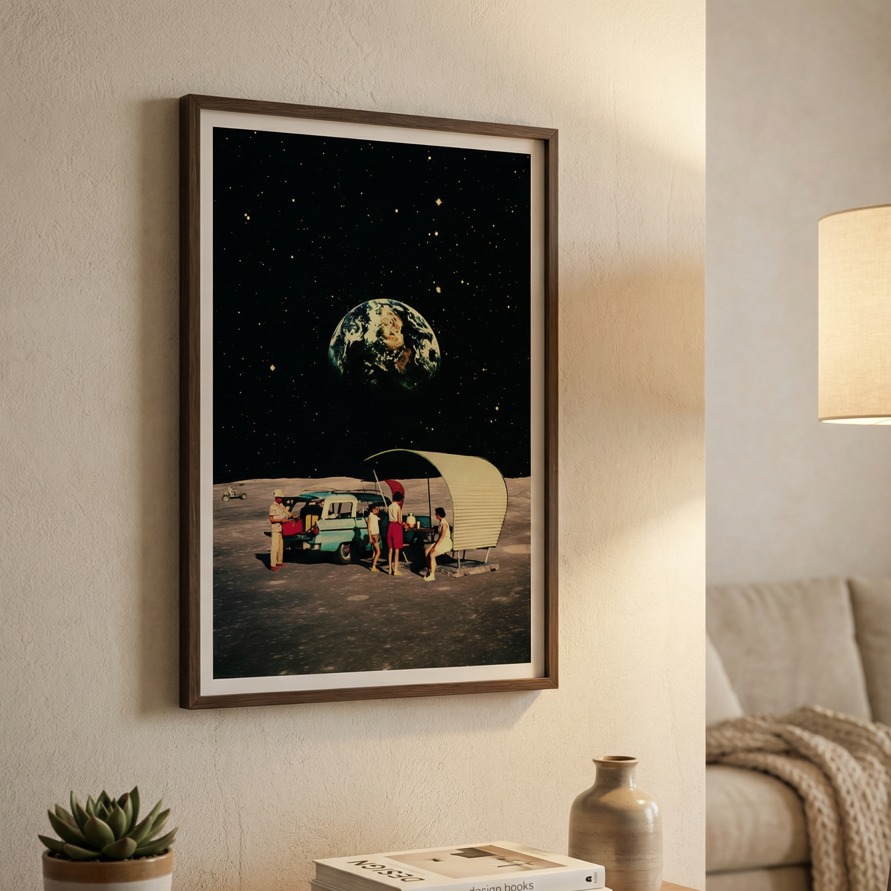 Framed artwork of a space scene with Earth above a vehicle and figures on a wall in a living room.