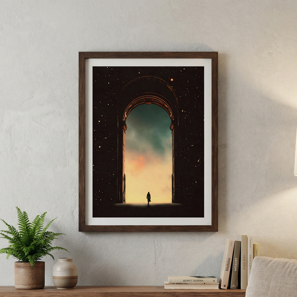 Framed artwork of a silhouette against a starry sky in a living room setting.