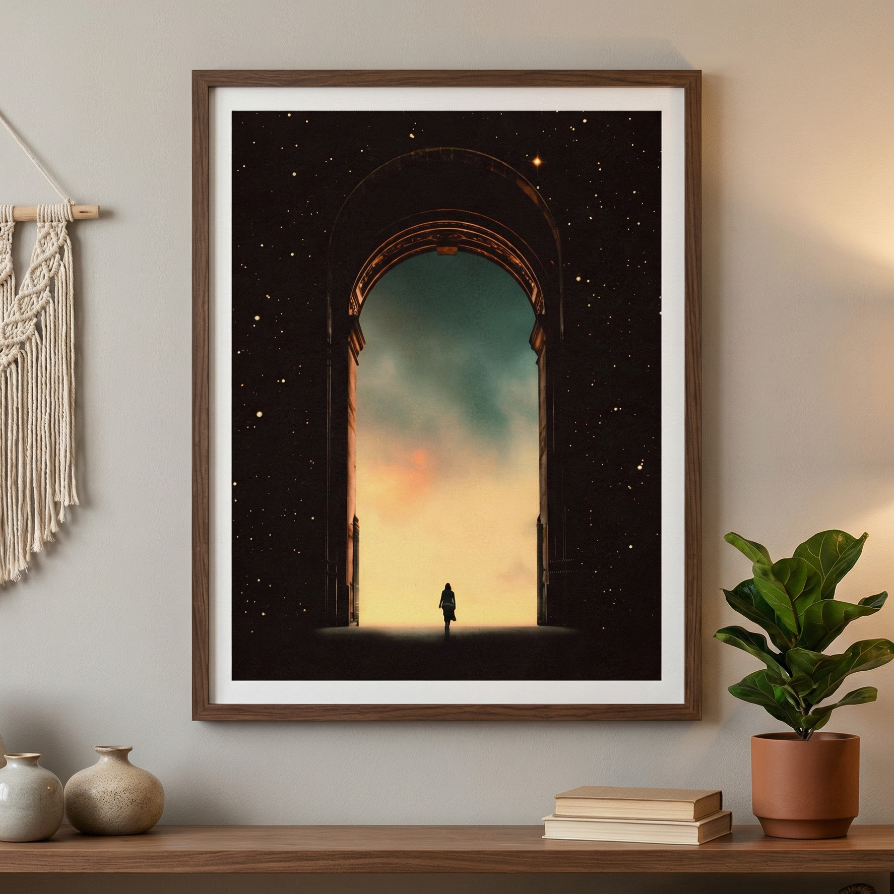 Framed artwork of a person standing in an archway with a starry sky, displayed on a wall above a wooden shelf.