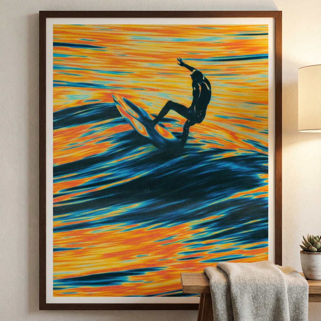 Framed abstract artwork of a surfer on a wave in a room setting.