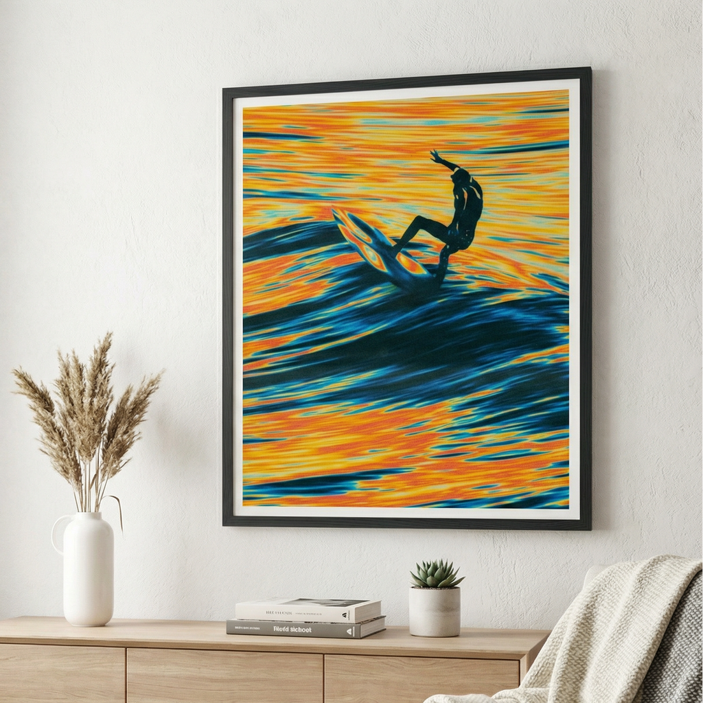 Framed abstract artwork of a surfer on a wave above a wooden cabinet with decorative items.