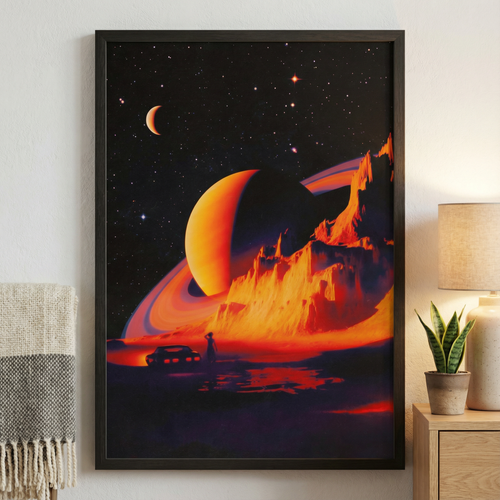 Framed space-themed artwork with a planet and spacecraft on a wall in a room.