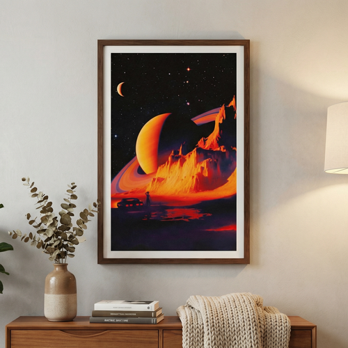 Framed space-themed artwork above a wooden console table in a living room.