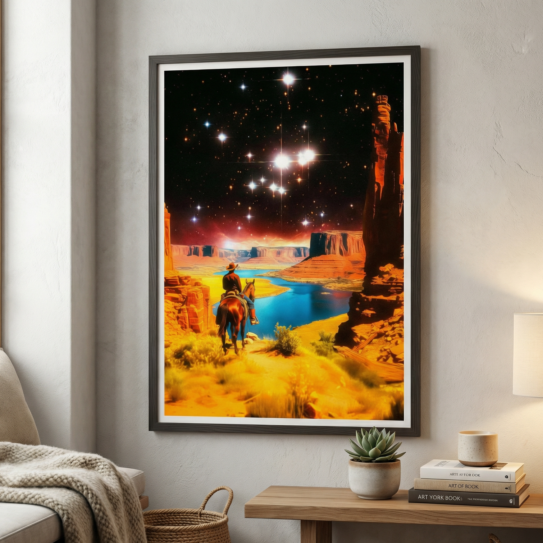 Framed artwork of a desert landscape with a person on horseback, hanging on a wall in a living room.