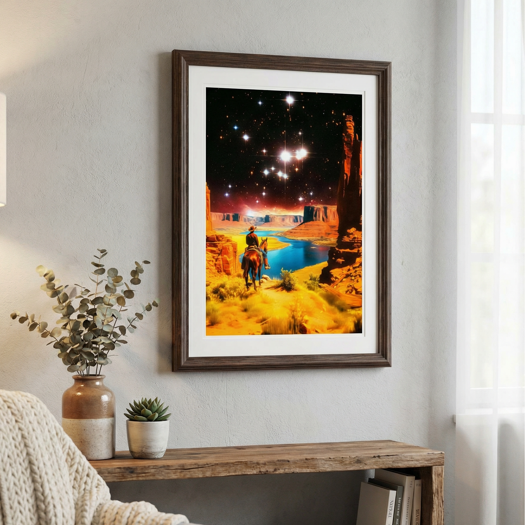 Framed artwork of a person riding a horse on a path with a starry sky above, displayed in a living room.