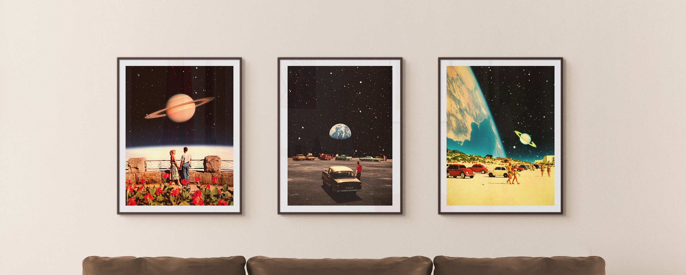 Three framed collage art posters hanging above a brown sofa.