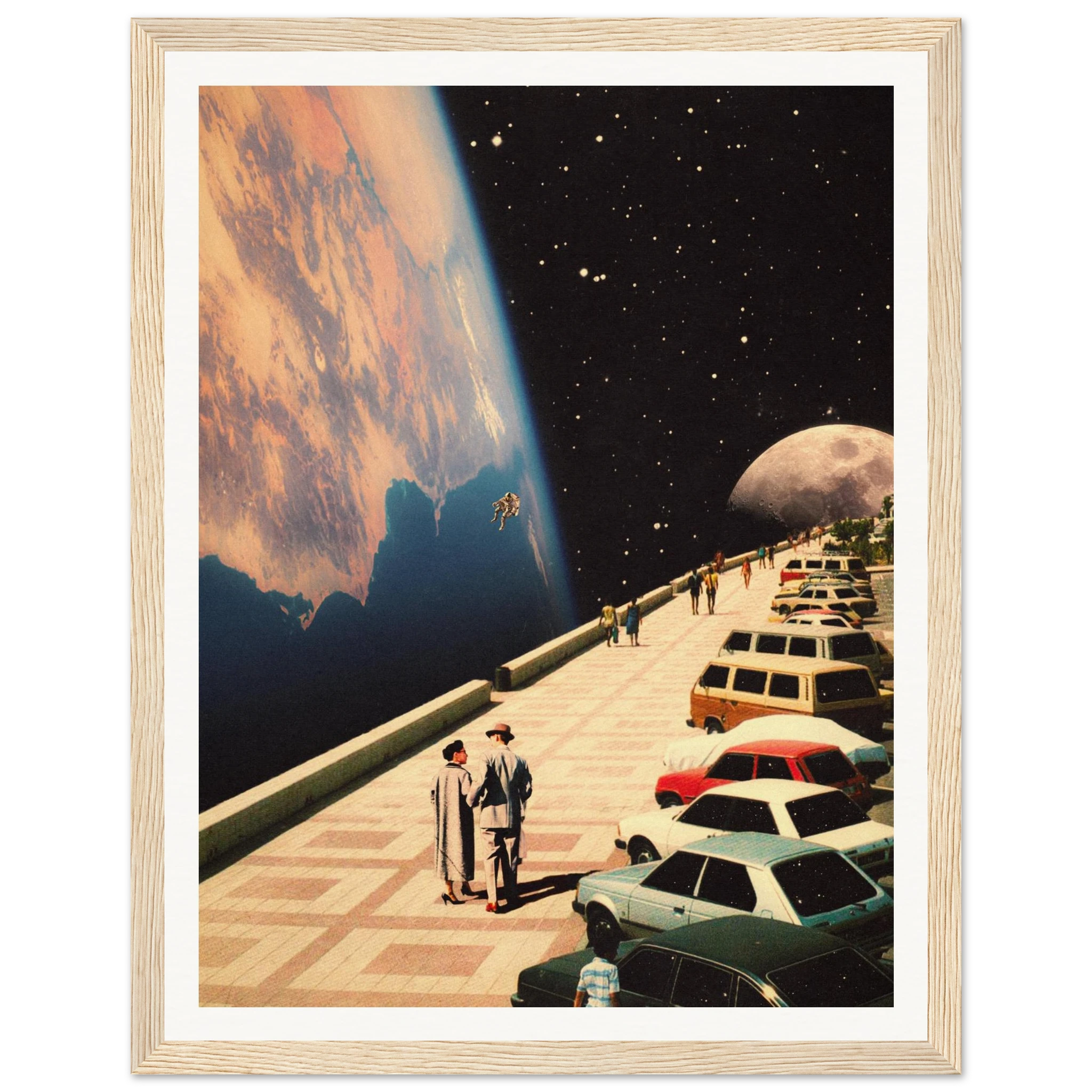 A framed poster depicting a futuristic cityscape with people, cars, and a large planet in the background, titled 'Space Promenade'.