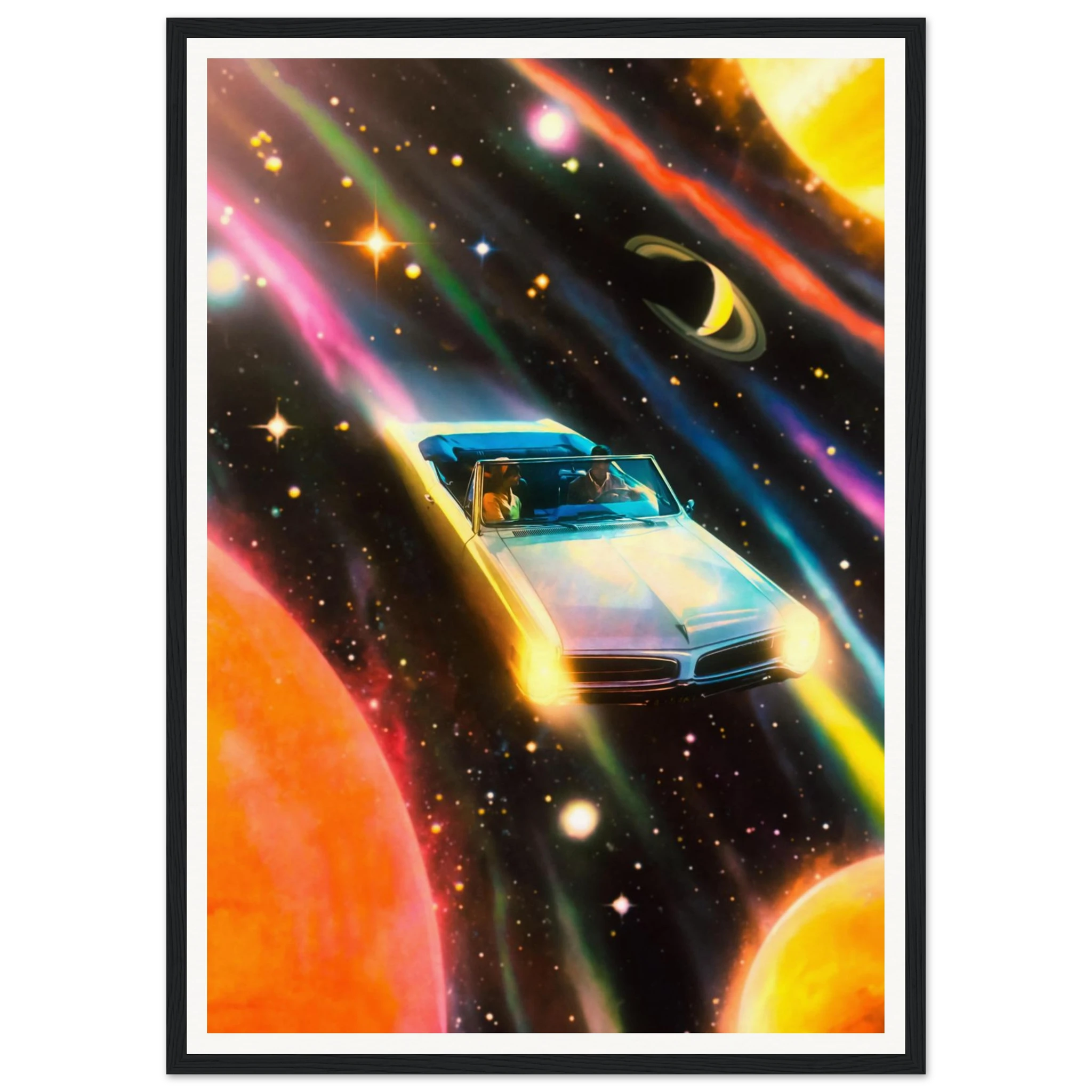 Futuristic car in space with colorful nebula and planets