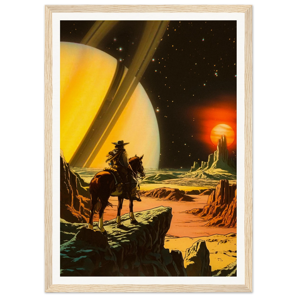 Framed artwork of a cowboy on horseback in a futuristic desert landscape with a planet and space station in the background.