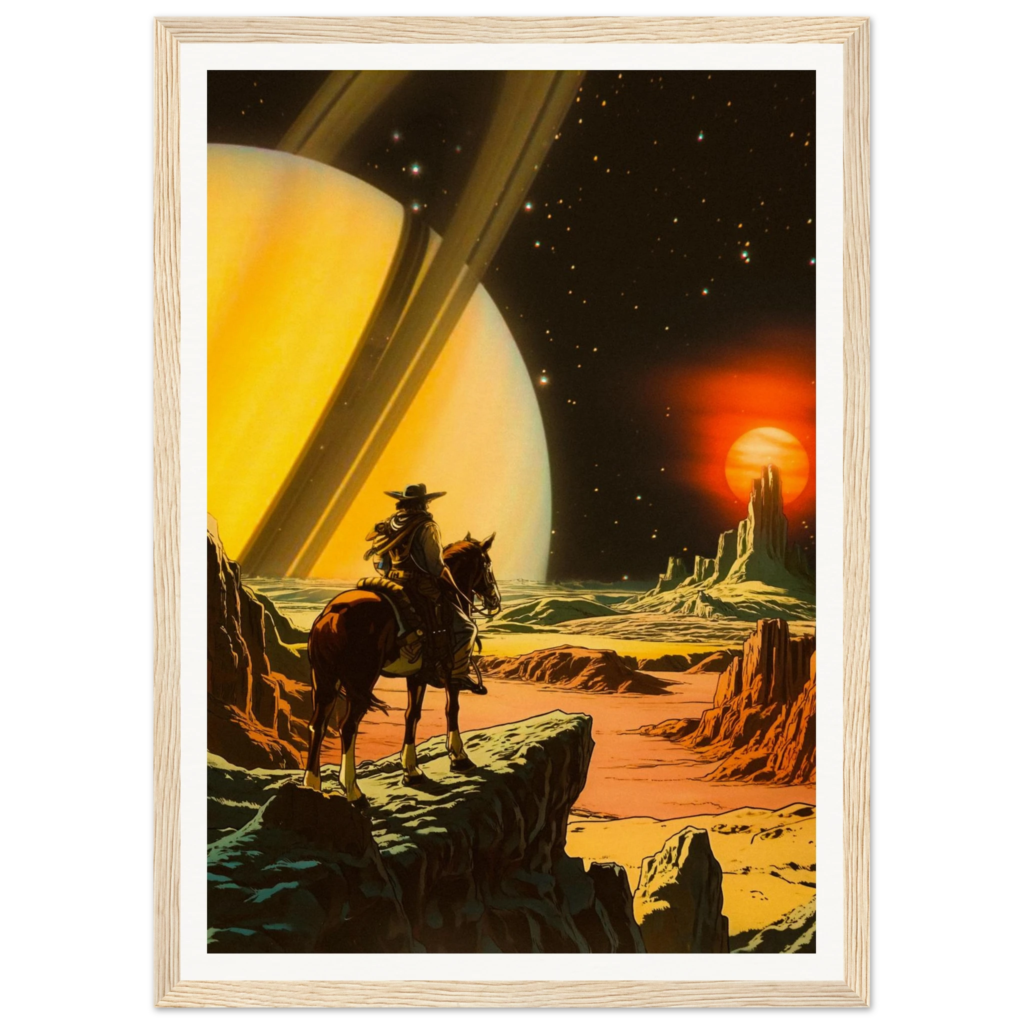 Framed artwork of a cowboy on horseback in a futuristic desert landscape with a planet and space station in the background.