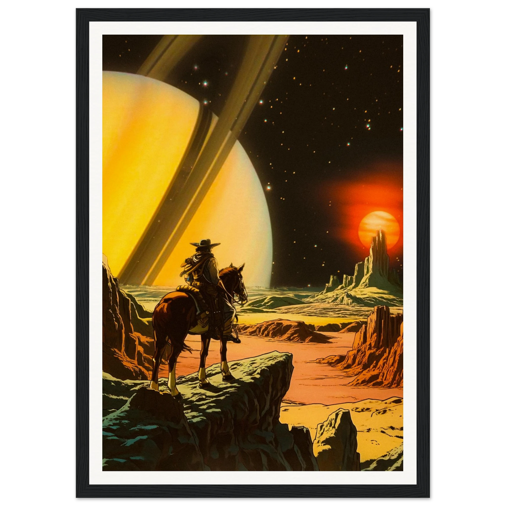 Cowboy on horseback in a futuristic desert landscape with a large planet and sun in the background.