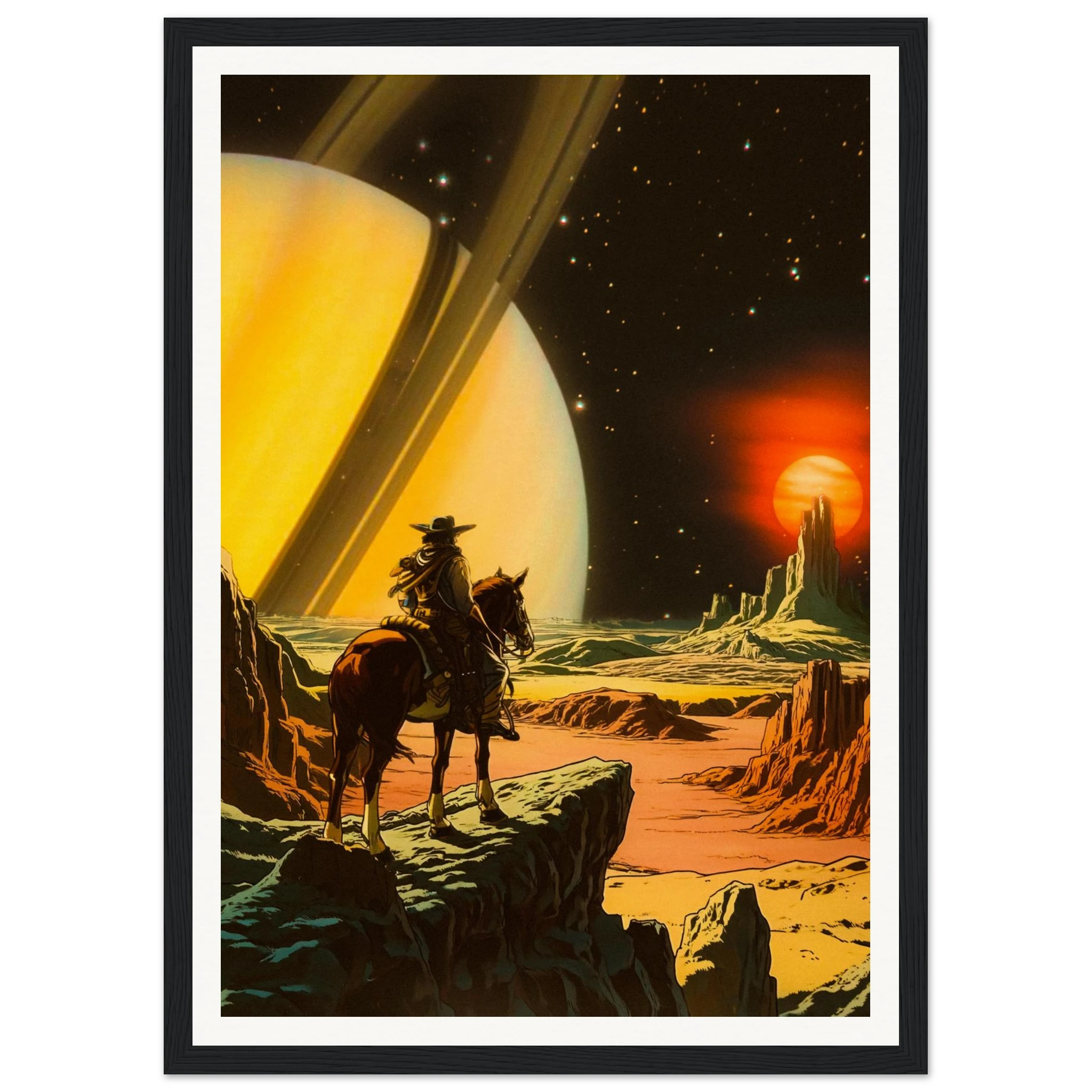 Cowboy on horseback in a futuristic desert landscape with a large planet and sun in the background.