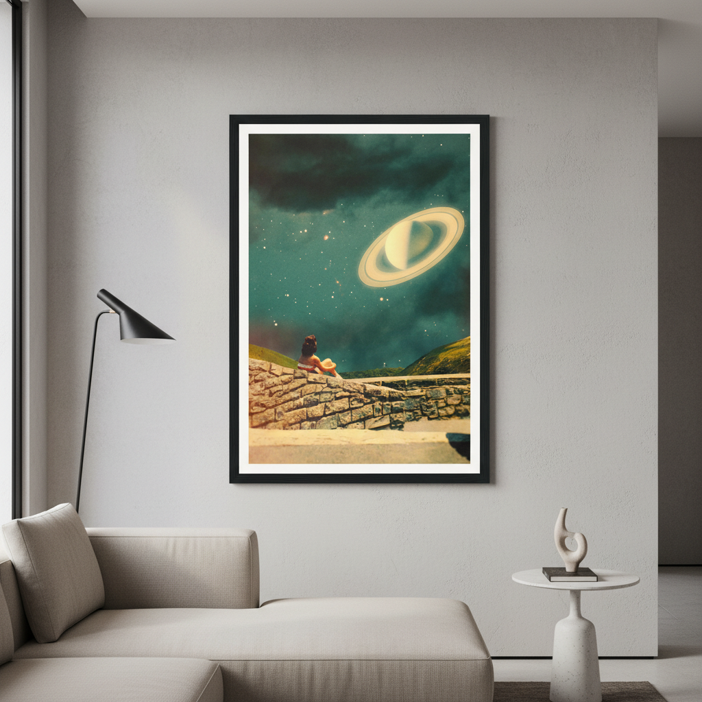 Colorful "Date With Saturn" poster by Taudalpoi featuring cosmic artwork of Saturn and celestial elements.