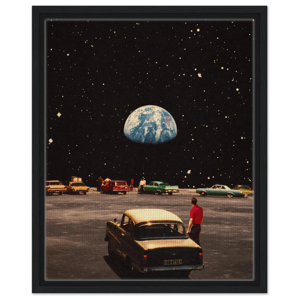 A canvas print featuring a vintage car in a parking lot with the Earth visible in the sky above, framed in a black frame.