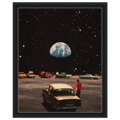 A canvas print featuring a vintage car in a parking lot with the Earth visible in the sky above, framed in a black frame.