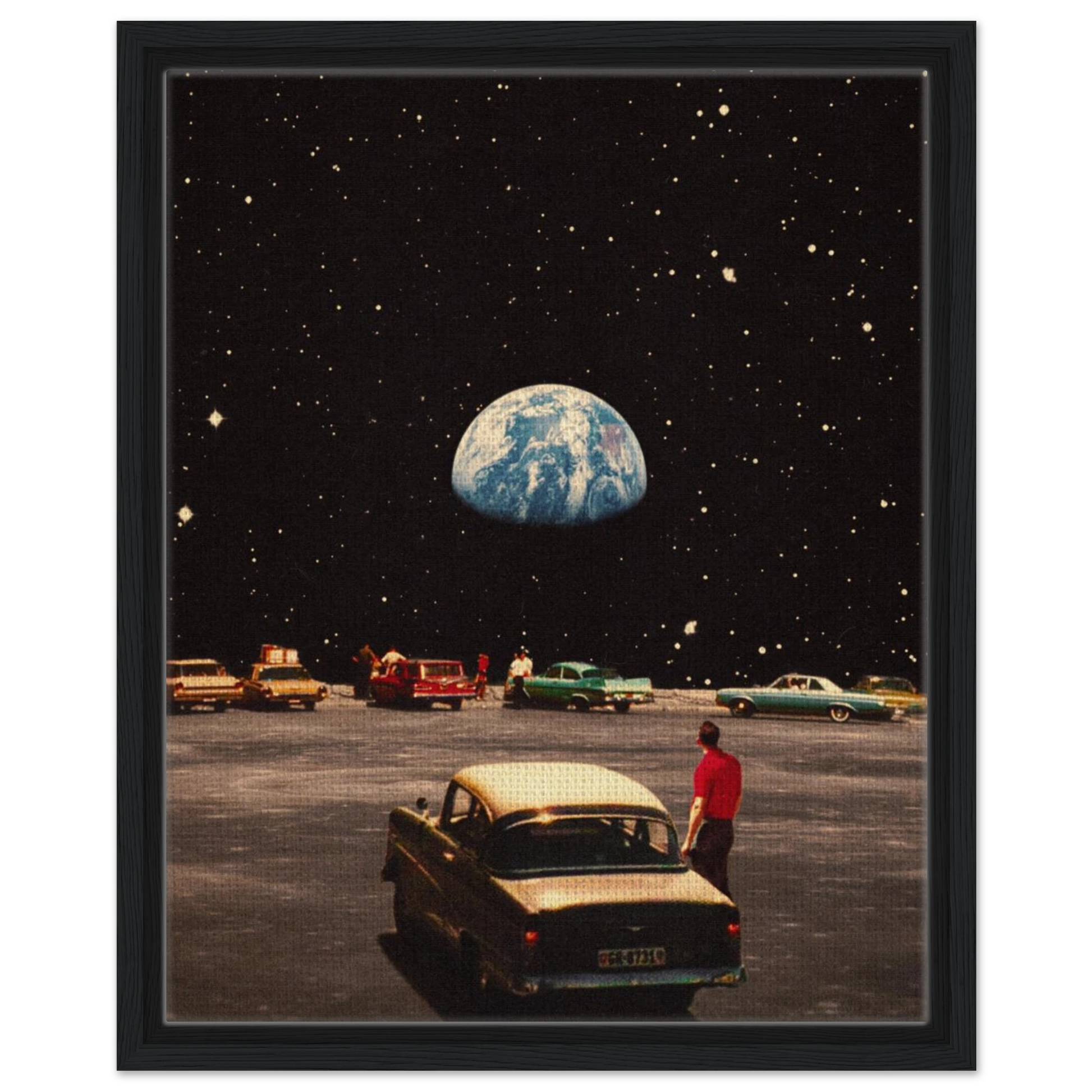 A canvas print featuring a vintage car in a parking lot with the Earth visible in the sky above, framed in a black frame.