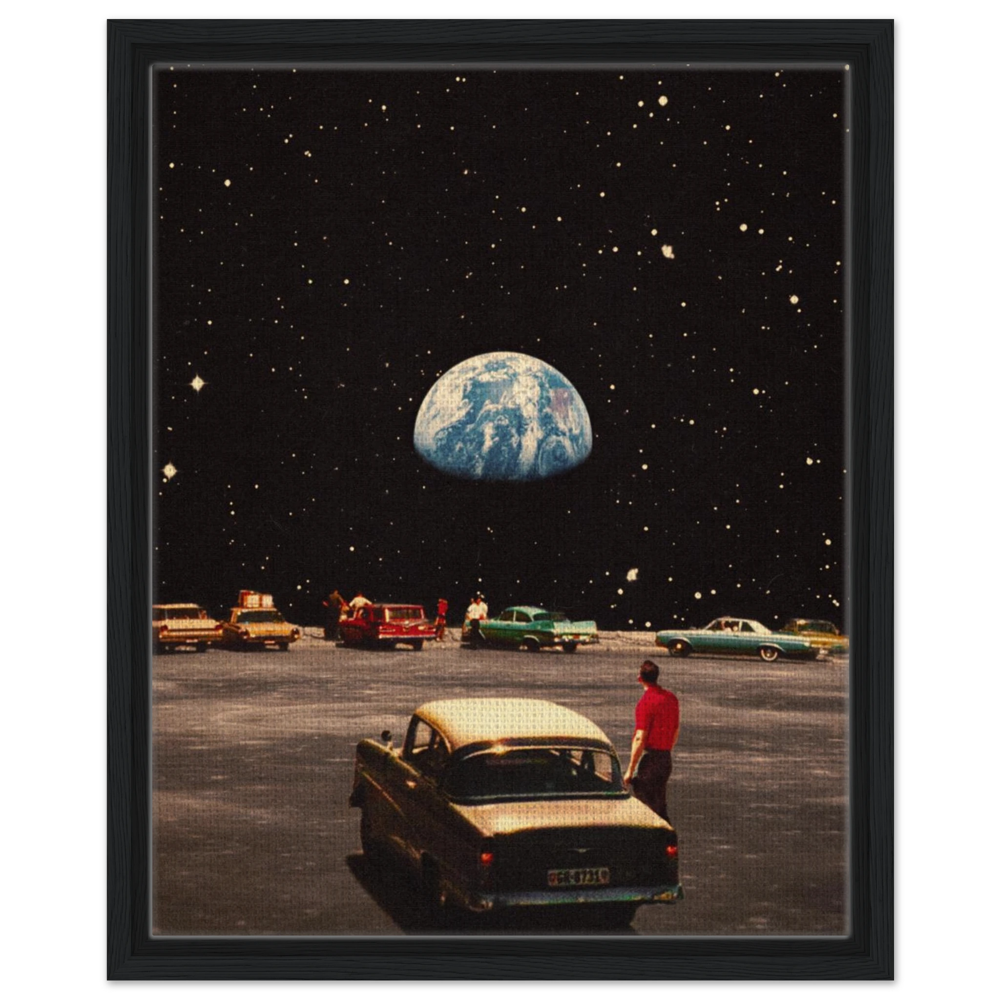 A canvas print featuring a vintage car in a parking lot with the Earth visible in the sky above, framed in a black frame.