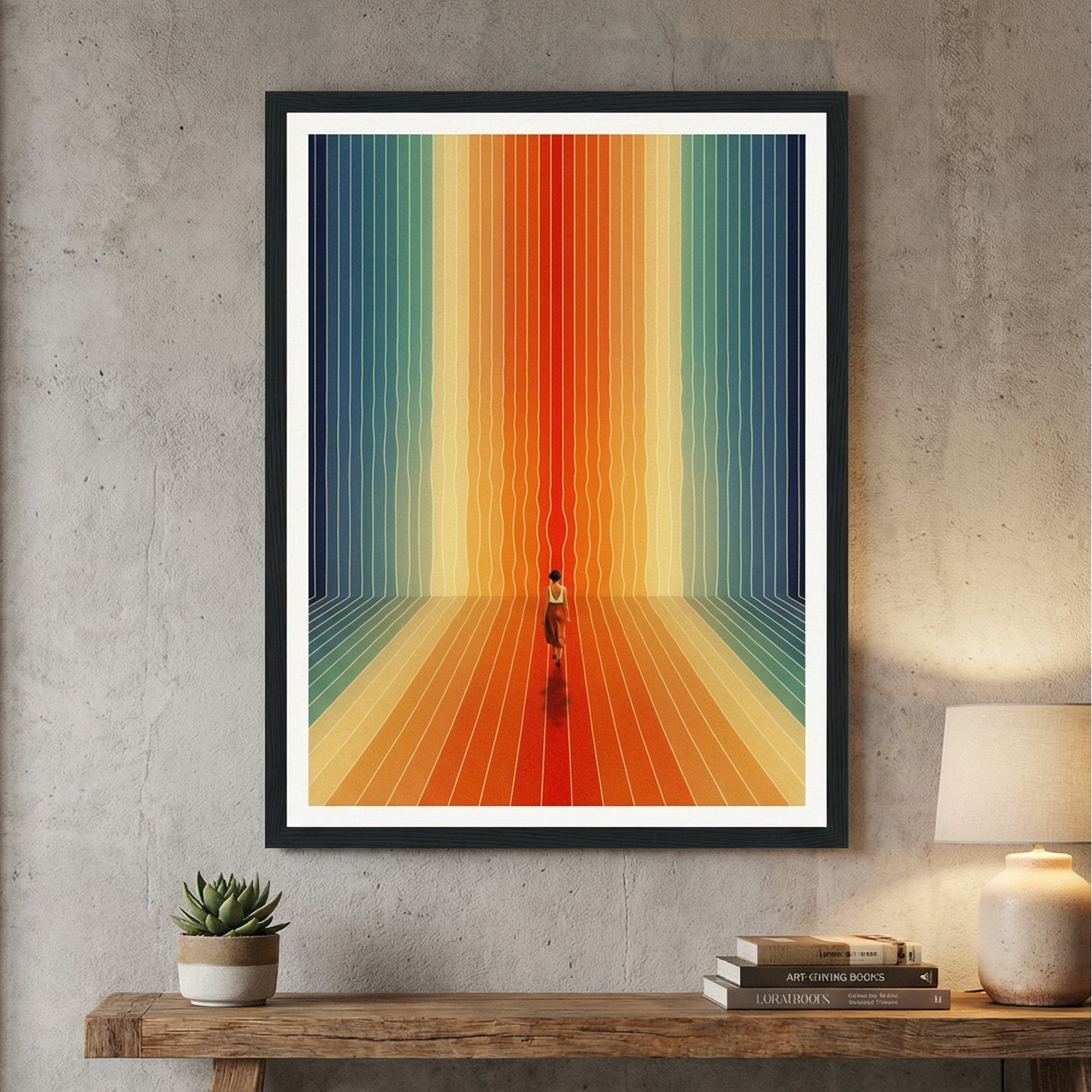 Colorful abstract artwork on a wall in a modern interior setting with a wooden bench and decor items.